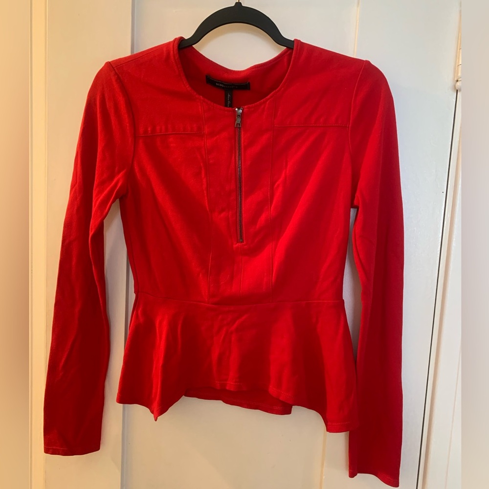BCBGMaxAzria Rogue Red Jaynie Peplum Blouse with Zipper